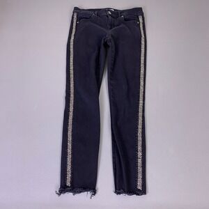 LOFT Womens Black Skinny‎ Jeans Size 4 27 Ankle  Beaded Side Stripe Raw Hem